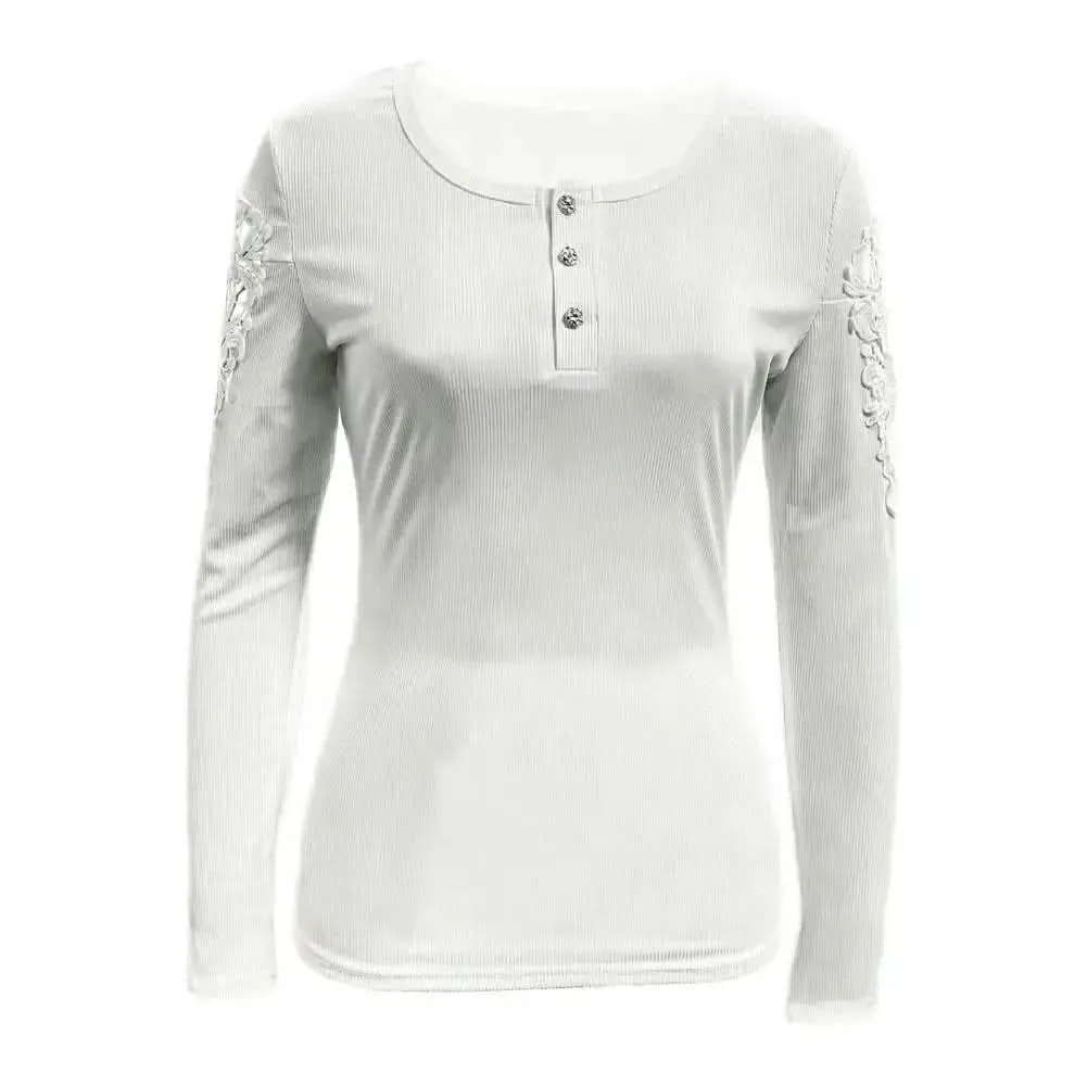 Elegant Lace Patchwork Slim Fit Round Neck Women's Pullover