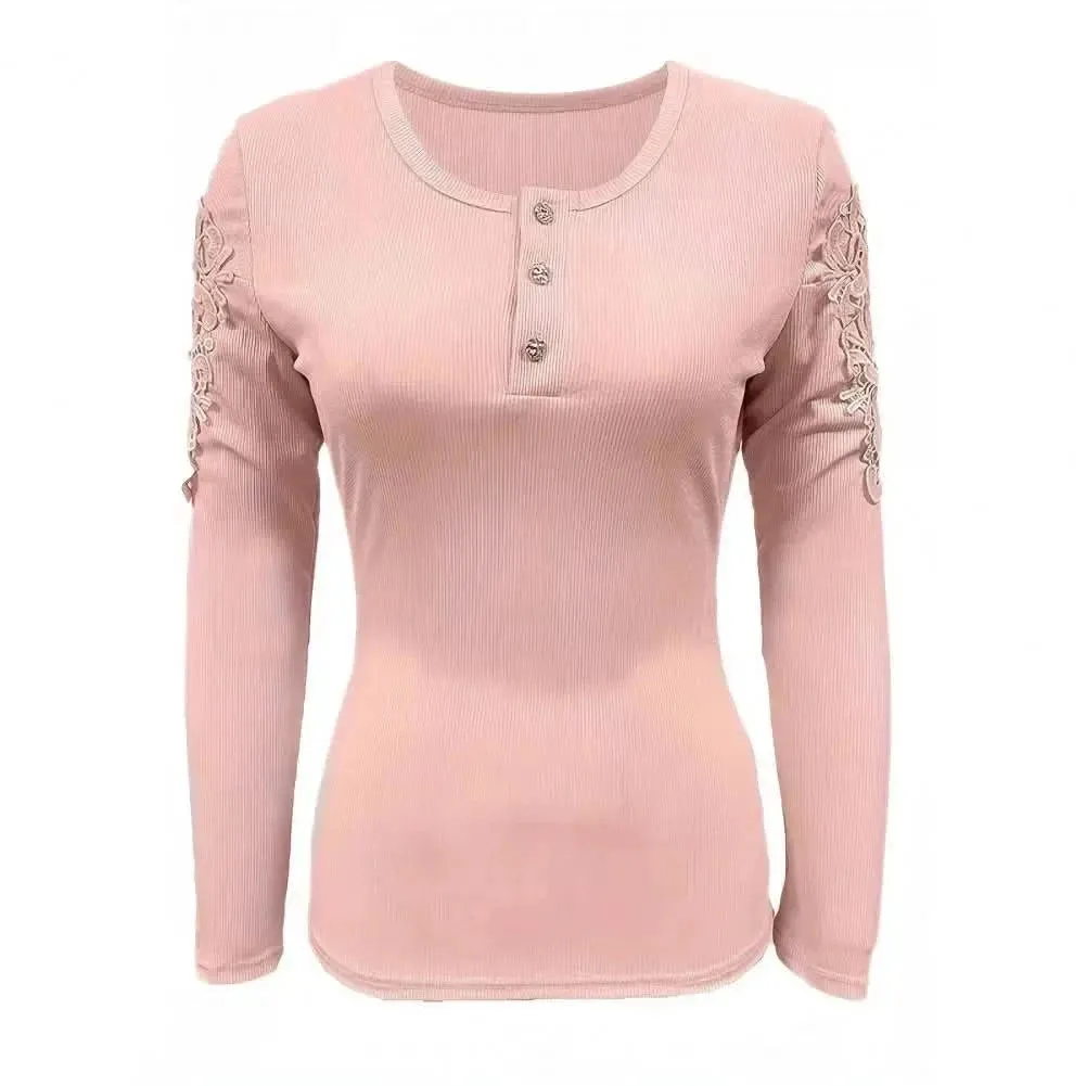 Elegant Lace Patchwork Slim Fit Round Neck Women's Pullover