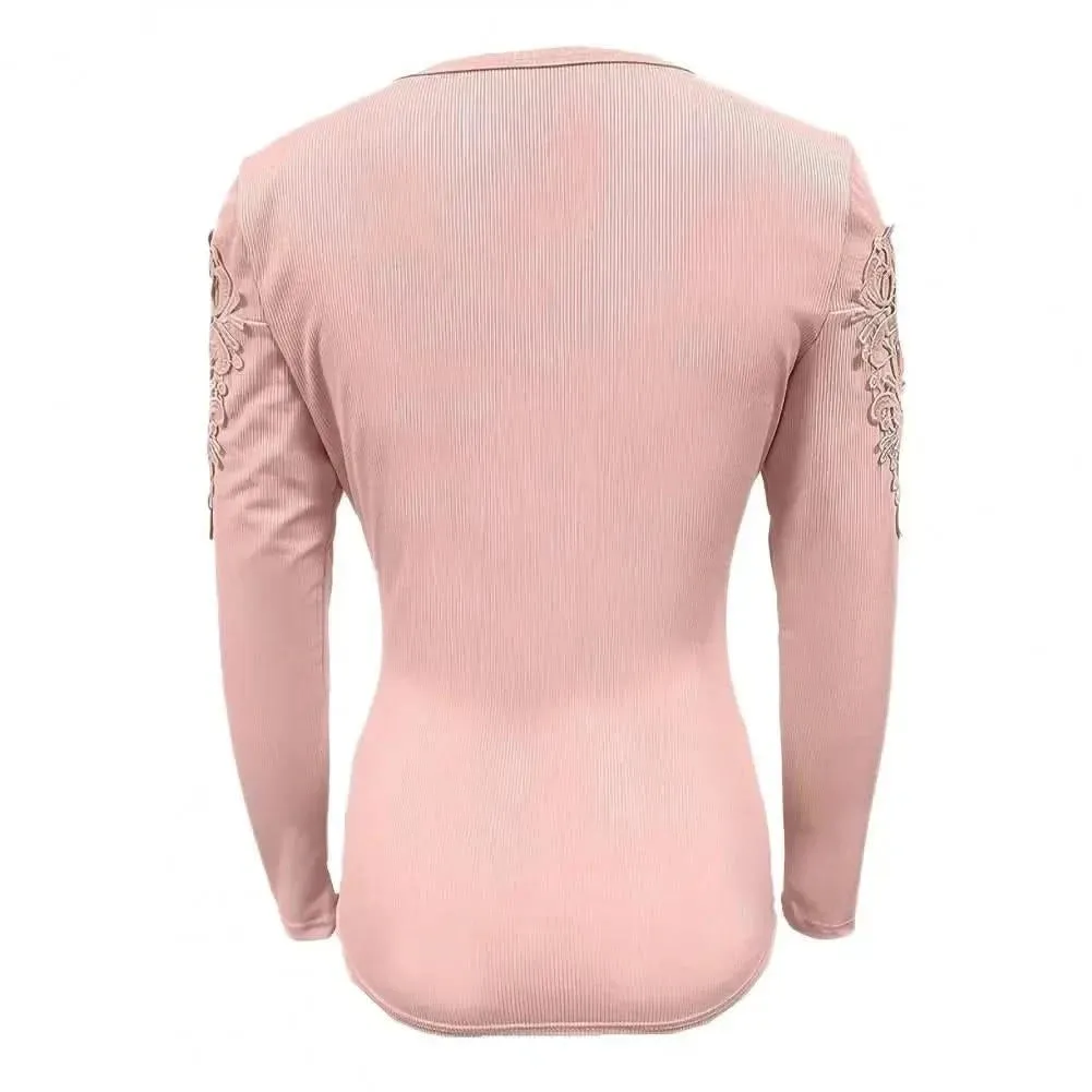 Elegant Lace Patchwork Slim Fit Round Neck Women's Pullover