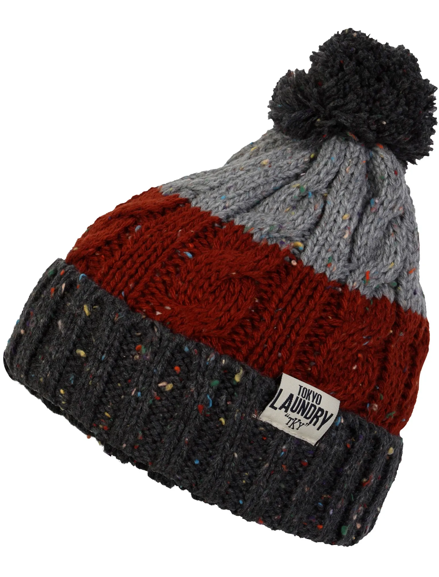 Enstone Cable Knit Bobble Hat in Charcoal / Paprika Nep - Tokyo Laundry