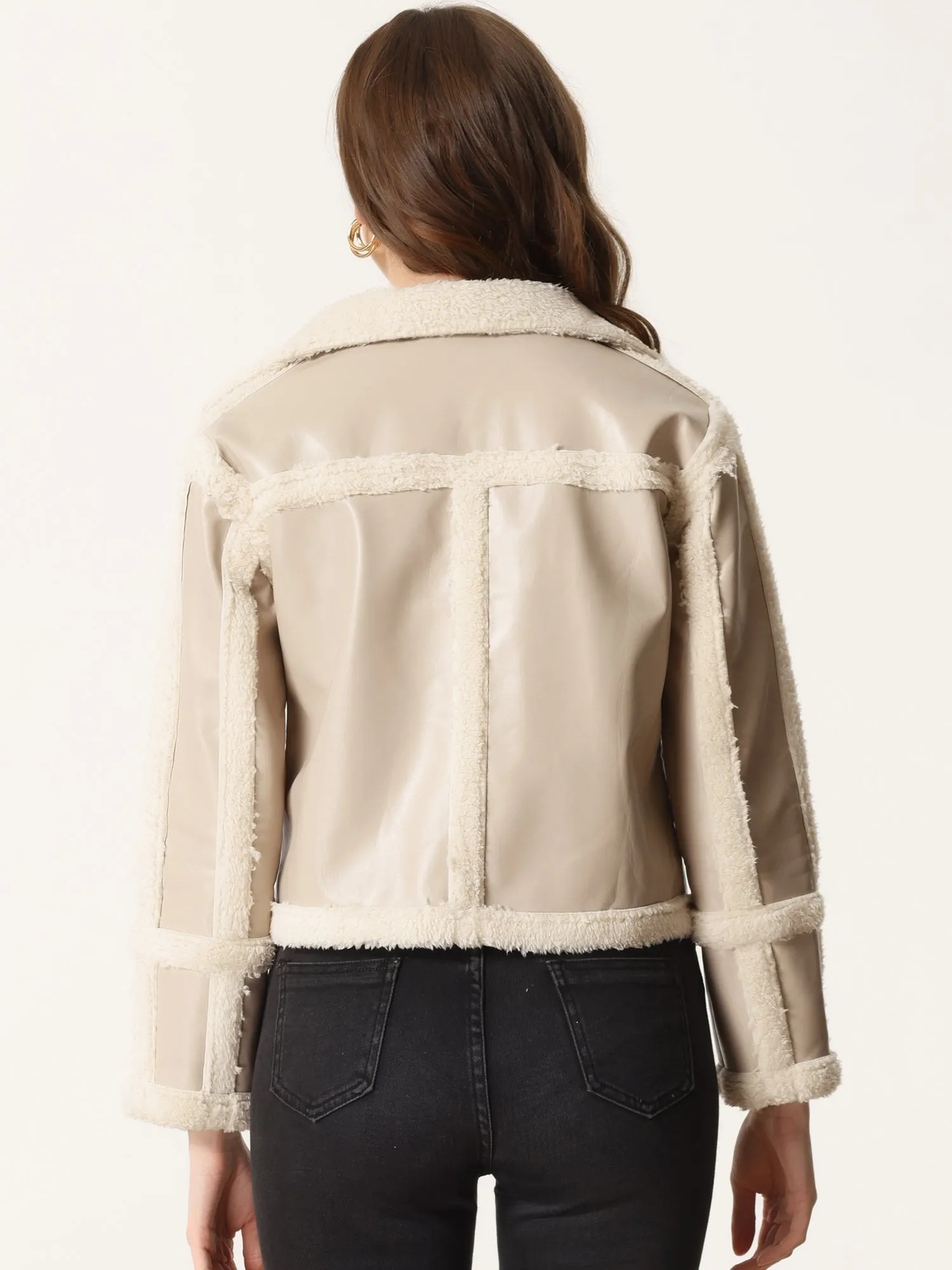 Faux Fur Paneled PU Leather Thick Parka Jacket Warm Winter Coat