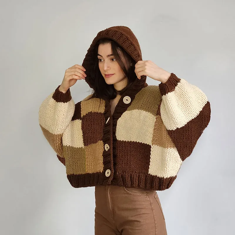 Flytonn-Fall Outfits Women Outwear Streetwear  fall outfits women 2024 Autumn and Winter New Women's Fashion Plaid Hooded round Neck Button Cardigan Knitted Short Coat