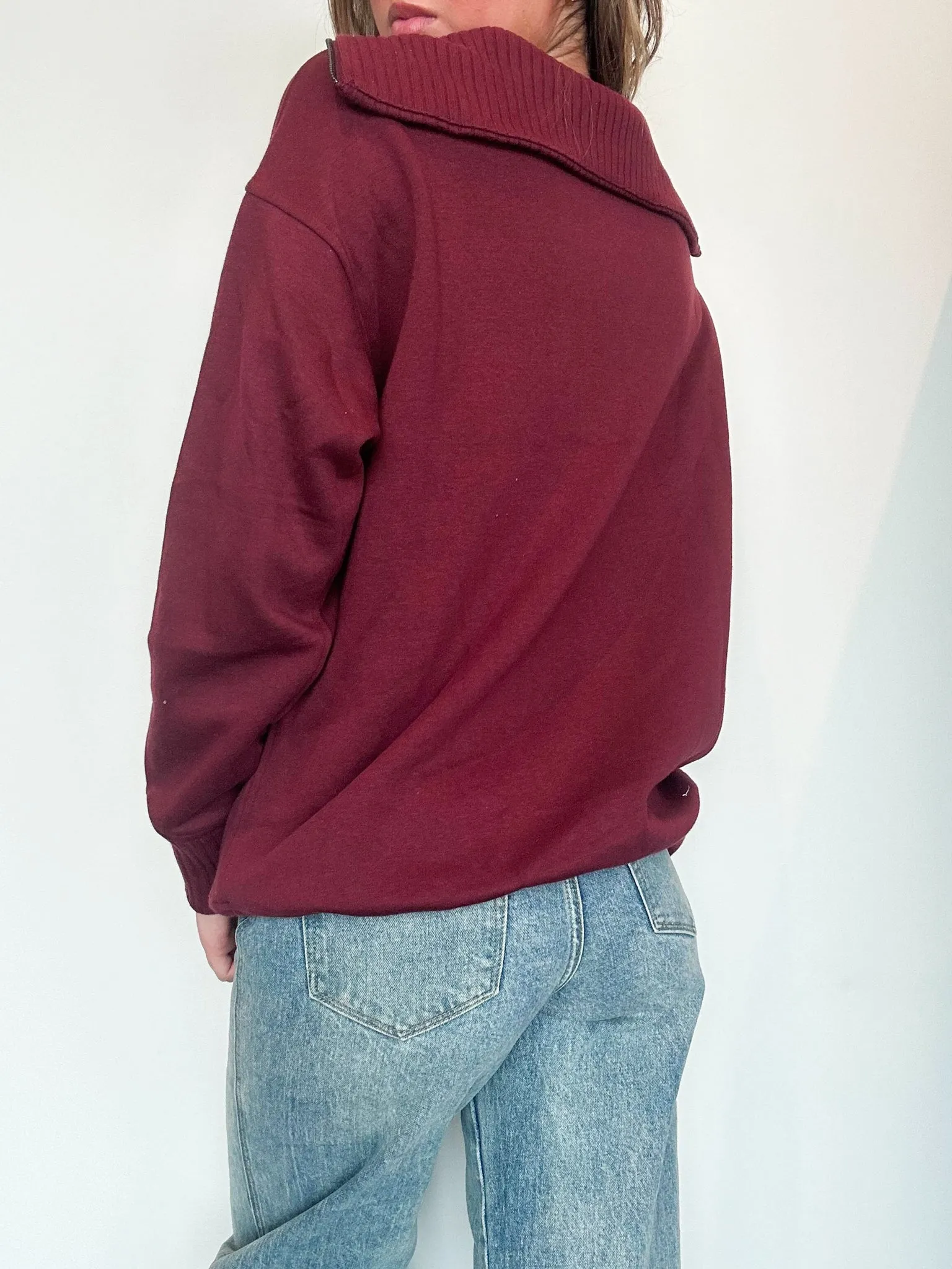 French Terry Quarter Zip Pullover- Crimson