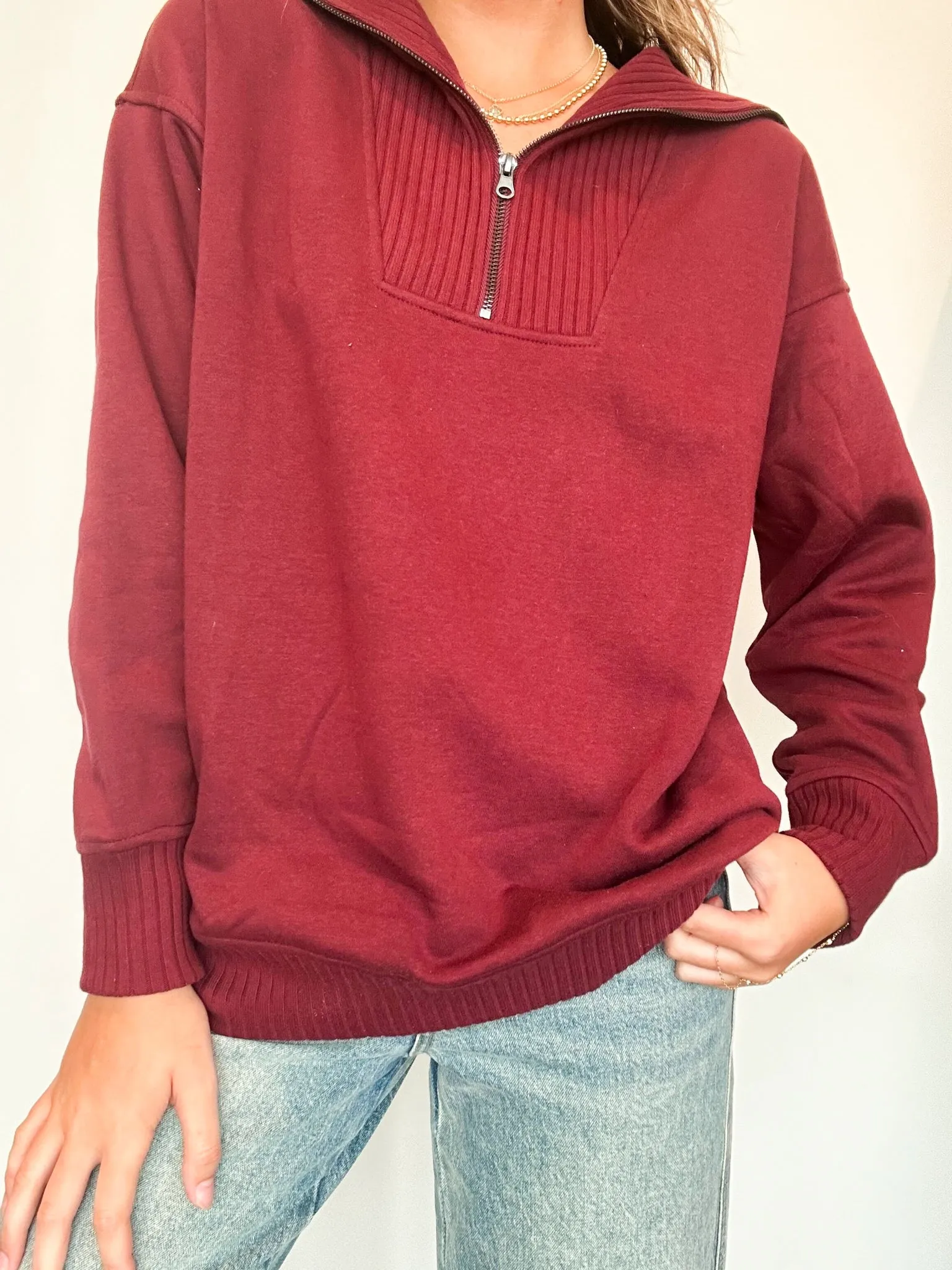 French Terry Quarter Zip Pullover- Crimson