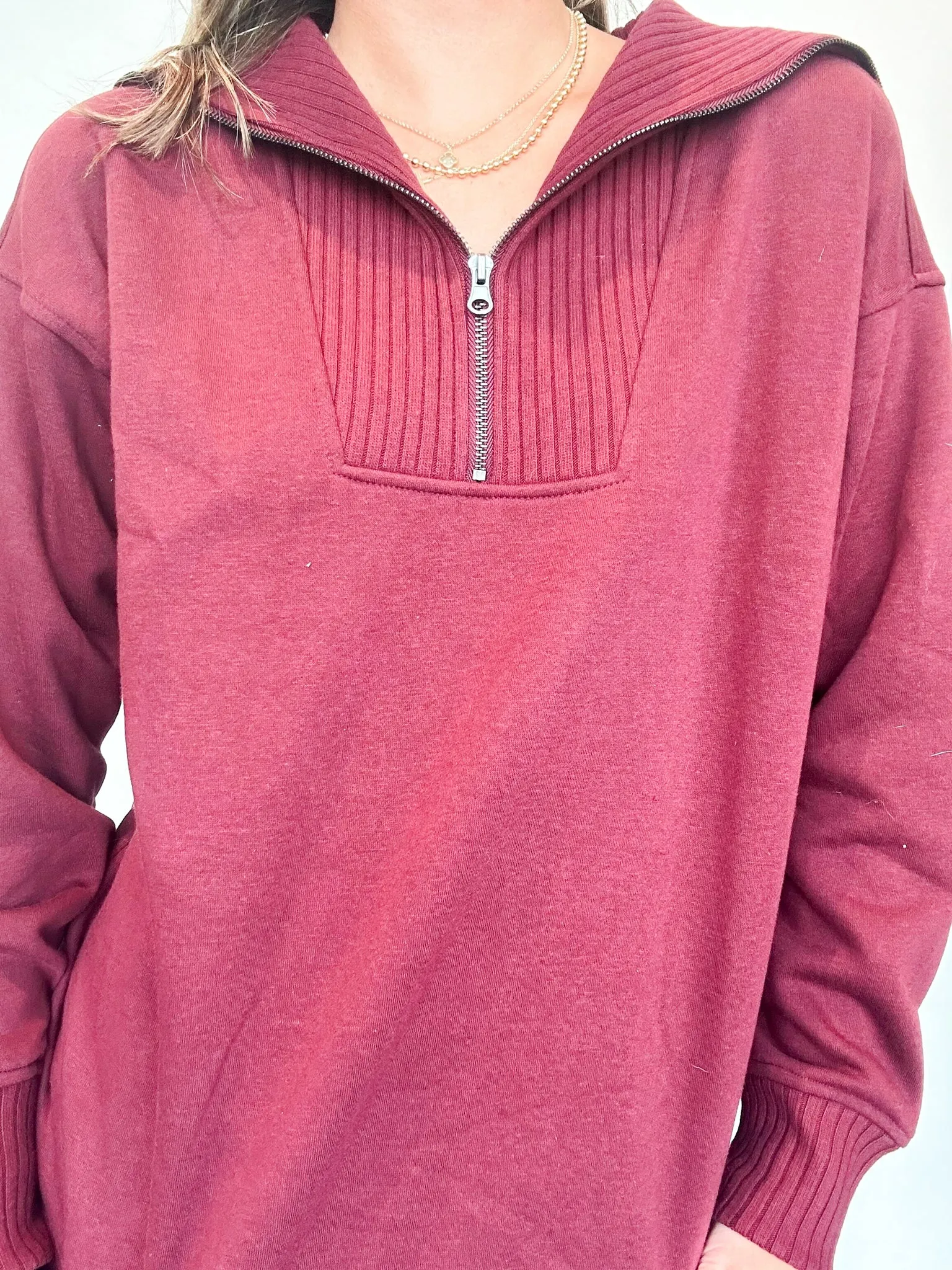 French Terry Quarter Zip Pullover- Crimson