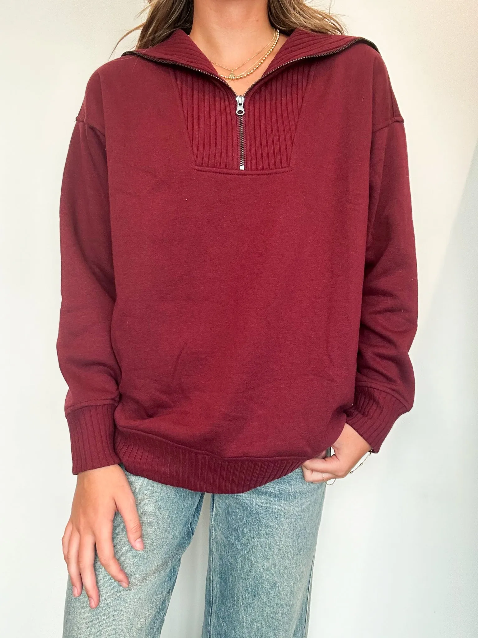 French Terry Quarter Zip Pullover- Crimson