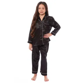 Girls Satin Silk Long Sleeve Pyjama Set Elegant Loungewear Cosy Nightwear Button-Down Shirt Loose-Fit Pants Black Pink Grey Sizes 5-14 by Daisy Dreamer