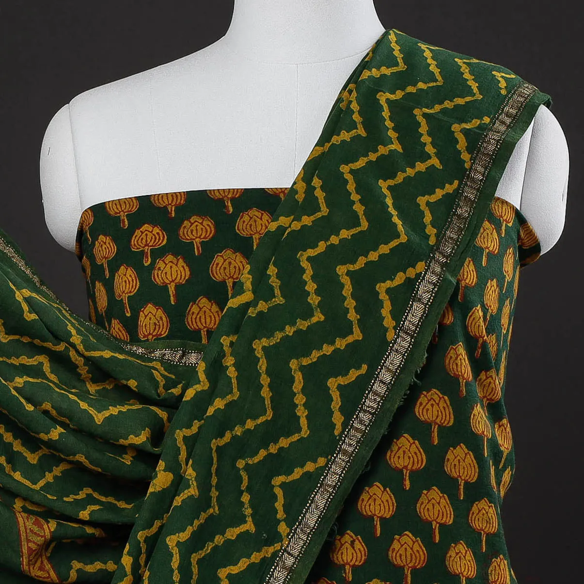 Green - 3pc Akola Block Printed Cotton Suit Material Set