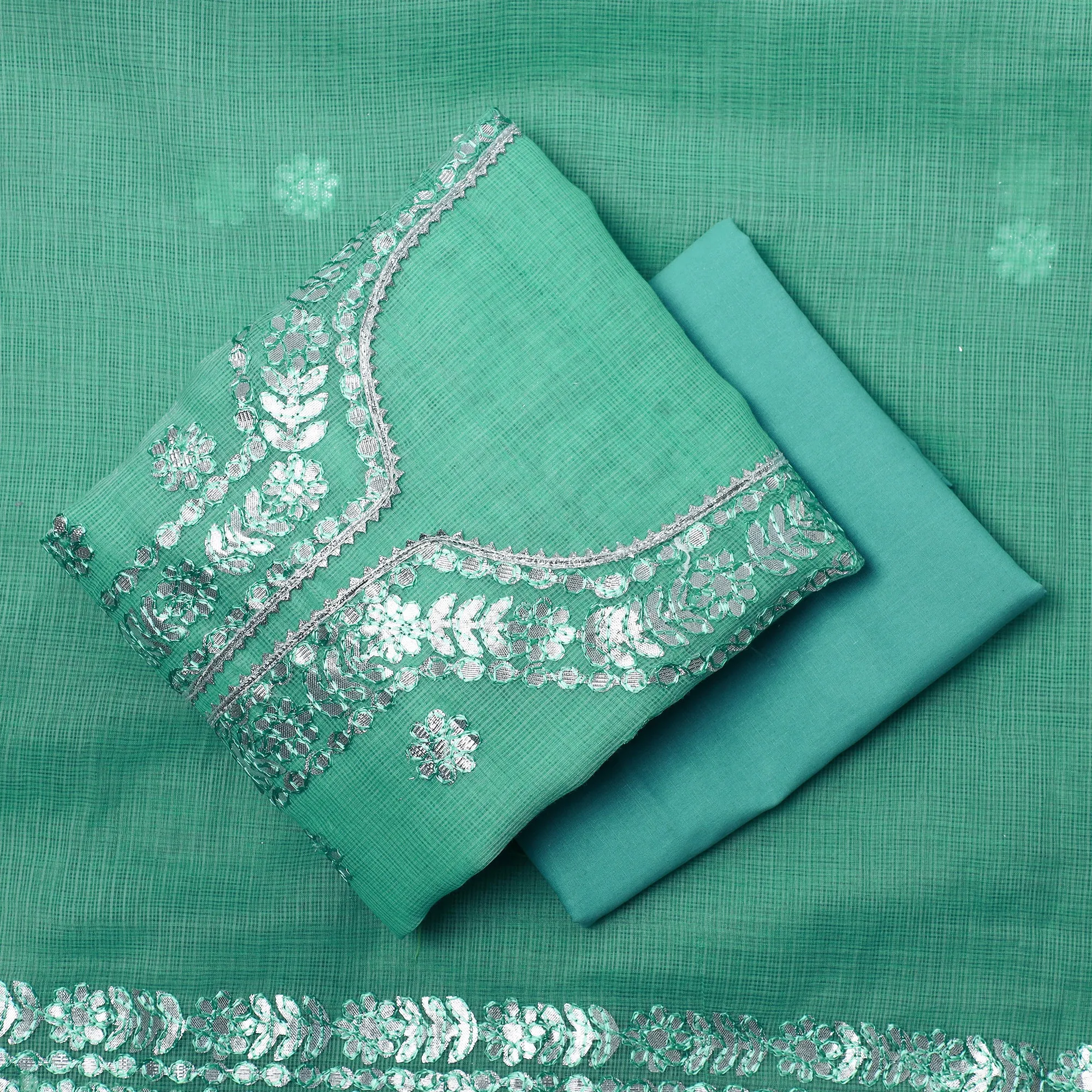 Green - 3pc Kota Doria Cotton Gota Patti Work Suit Material Set 09