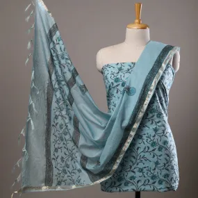 Green - 3pc Sanganeri Block Printed Cotton Suit Material with Chanderi Silk Dupatta 02