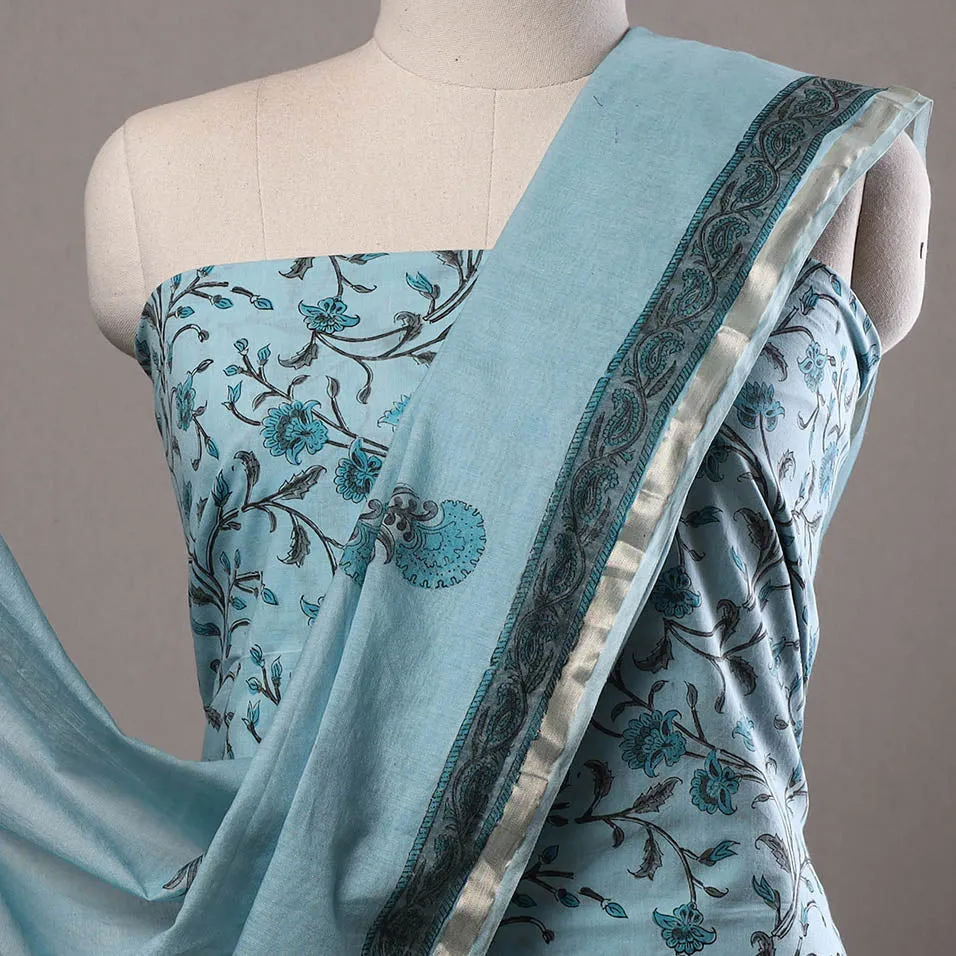 Green - 3pc Sanganeri Block Printed Cotton Suit Material with Chanderi Silk Dupatta 02