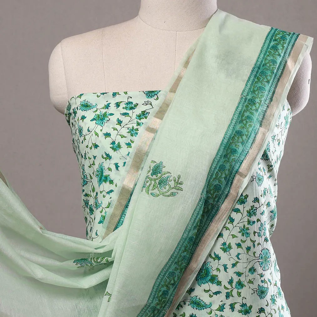 Green - 3pc Sanganeri Block Printed Cotton Suit Material with Chanderi Silk Dupatta 09