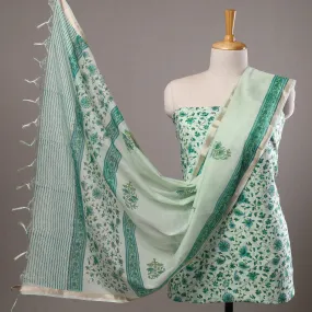 Green - 3pc Sanganeri Block Printed Cotton Suit Material with Chanderi Silk Dupatta 09