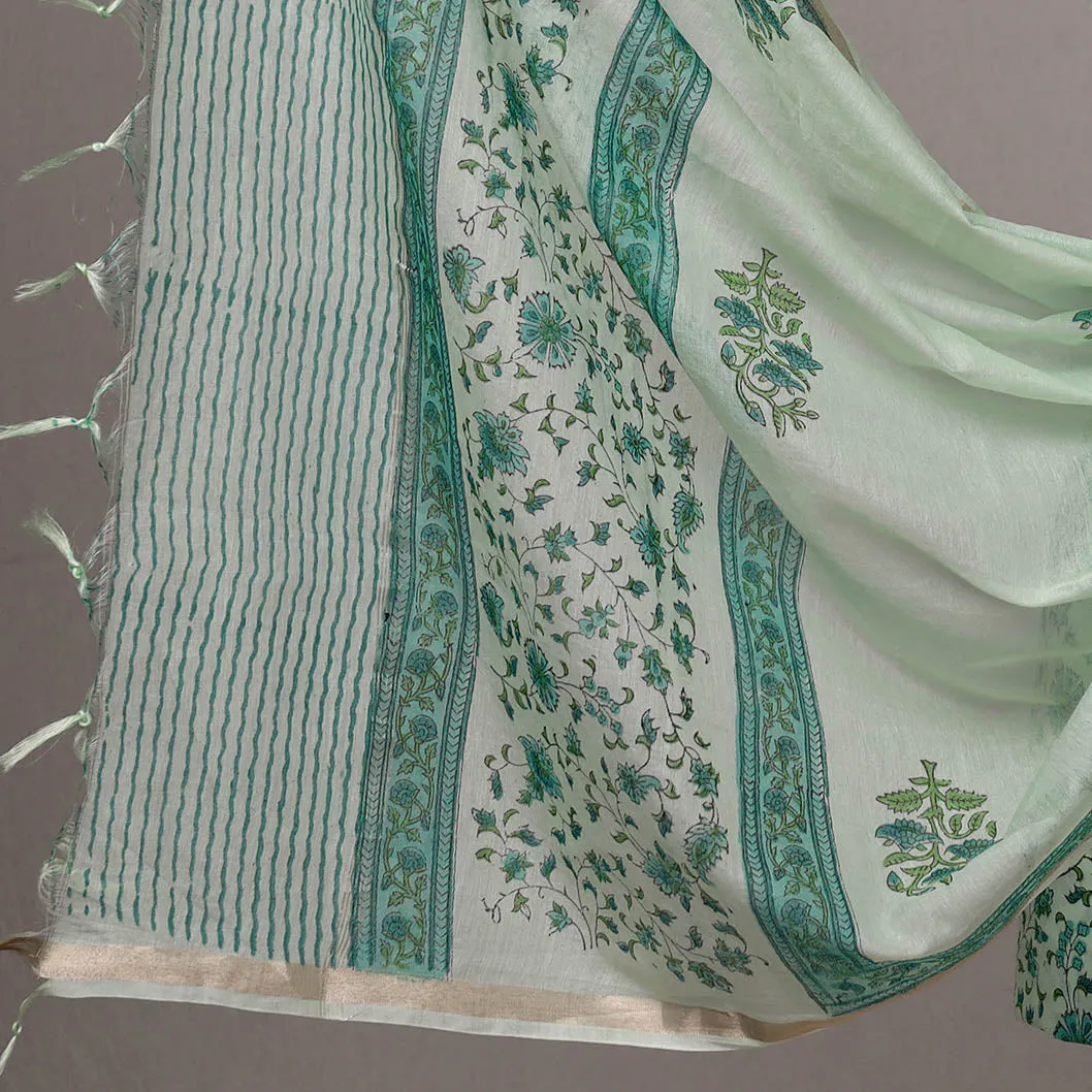 Green - 3pc Sanganeri Block Printed Cotton Suit Material with Chanderi Silk Dupatta 09