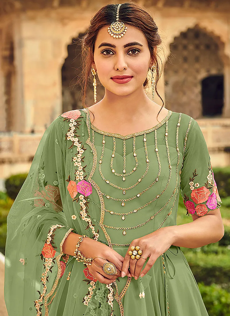 Green Floral Embroidered Indian Anarkali Suit