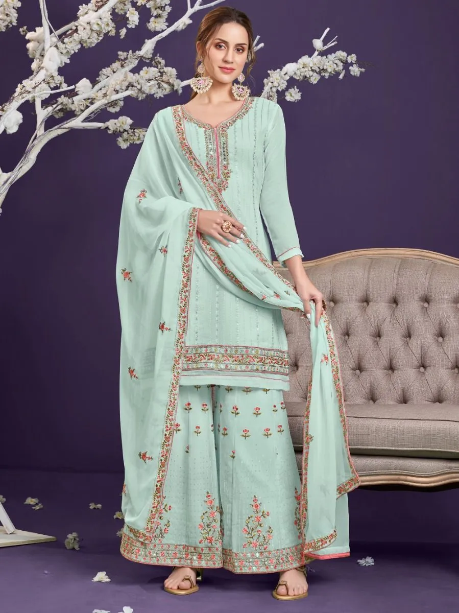 Green Georgette Thread & Sequins Embroidered Sharara Set with Dupatta