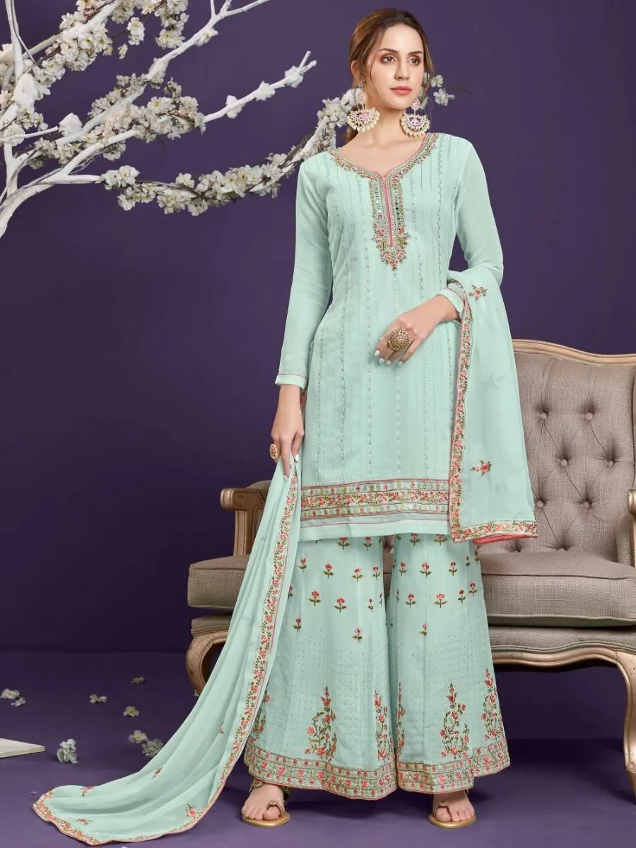 Green Georgette Thread & Sequins Embroidered Sharara Set with Dupatta