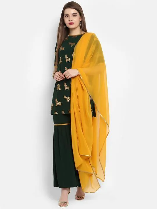 Green Gold Print Sharara Suit Set with Dupatta