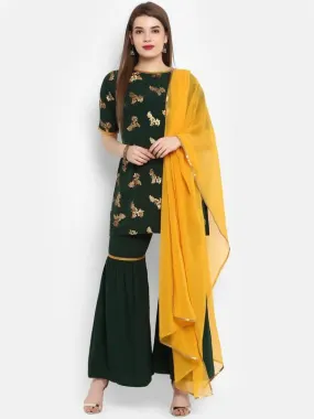 Green Gold Print Sharara Suit Set with Dupatta