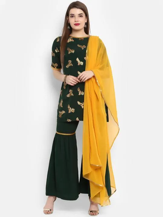 Green Gold Print Sharara Suit Set with Dupatta