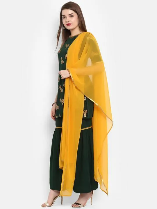 Green Gold Print Sharara Suit Set with Dupatta