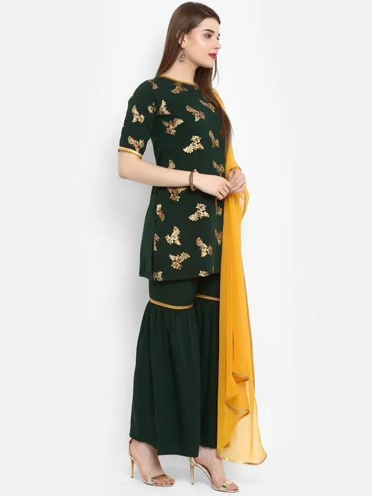 Green Gold Print Sharara Suit Set with Dupatta