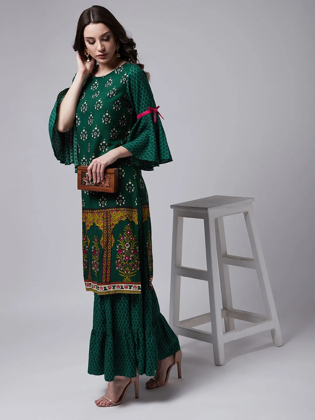 Green Mughal Printed Kurta With Sharara Pants