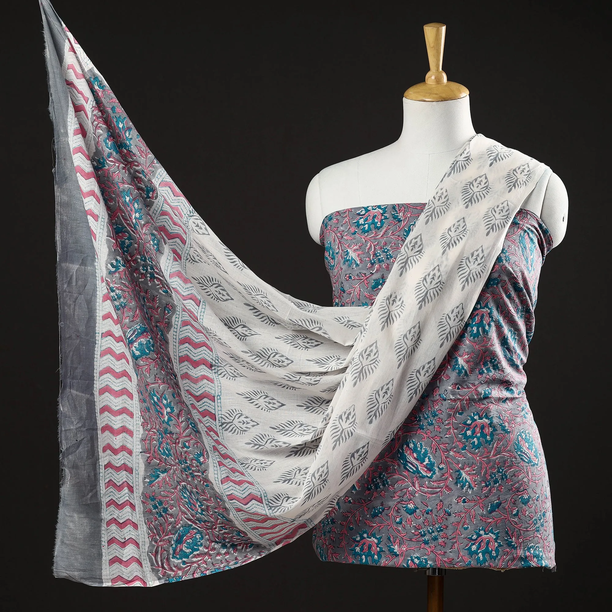 Grey - 3pc Sanganeri Block Printed Cotton Suit Material Set