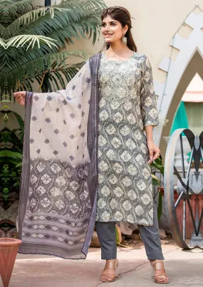 Grey Modal Silk Print & Embroidered Suit Set with Dupatta