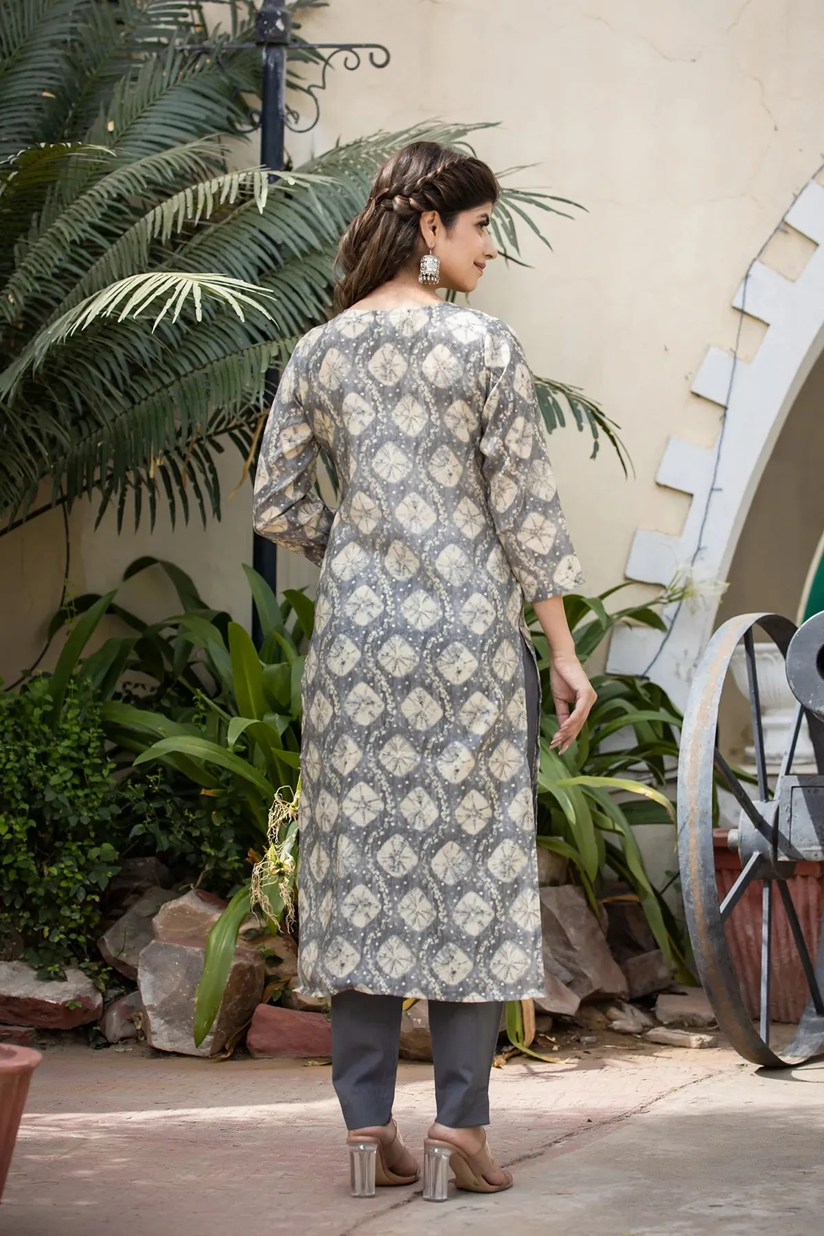 Grey Modal Silk Print & Embroidered Suit Set with Dupatta