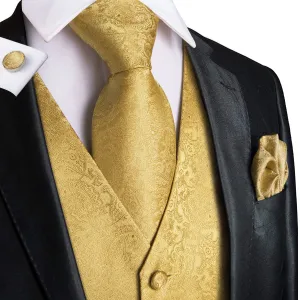 Hi-Tie Luxury Pure Golden Paisley Jacquard Silk Men's Vest Hanky Cufflinks Tie Set Waistcoat Suit Set