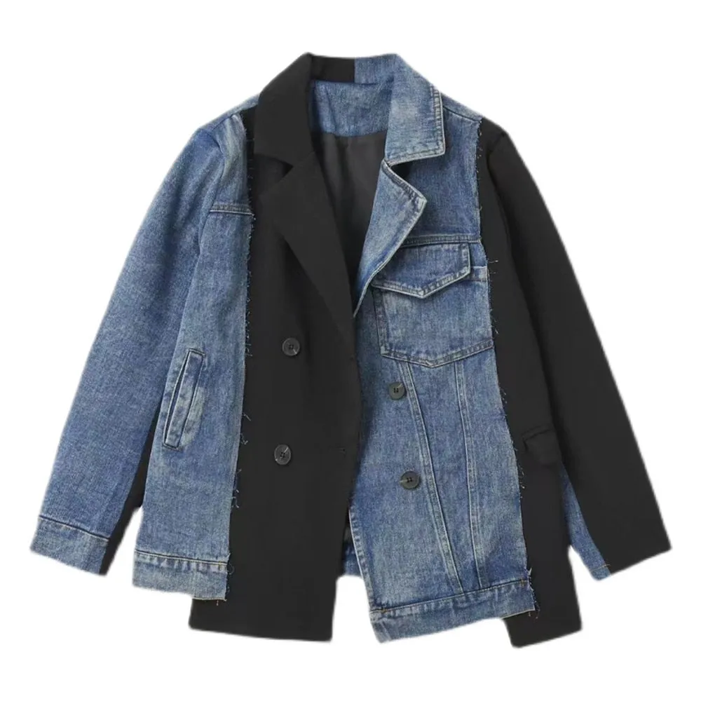 Hit Color Patchwork Denim Plaid Jackets For Women Lapel Long Sleeve Patchwork Double Breasted Casual Jacket Female