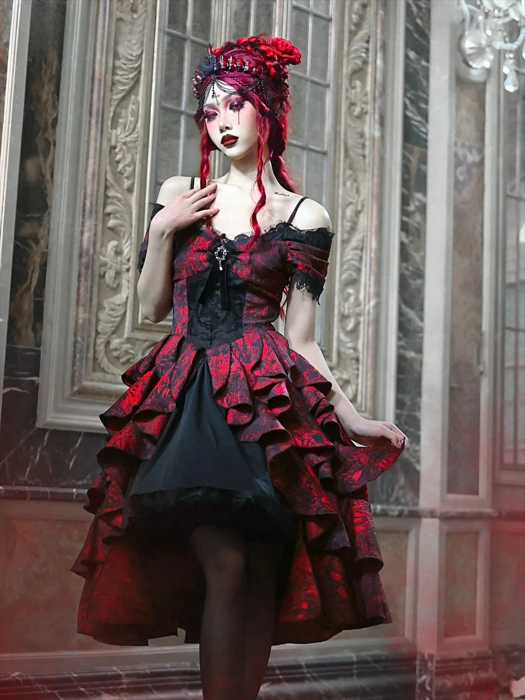 Japanese Autumn Gothic Party High-Waist Black Court Style Dark Halloween Lolita Red Wave Off-Shoulder Gown