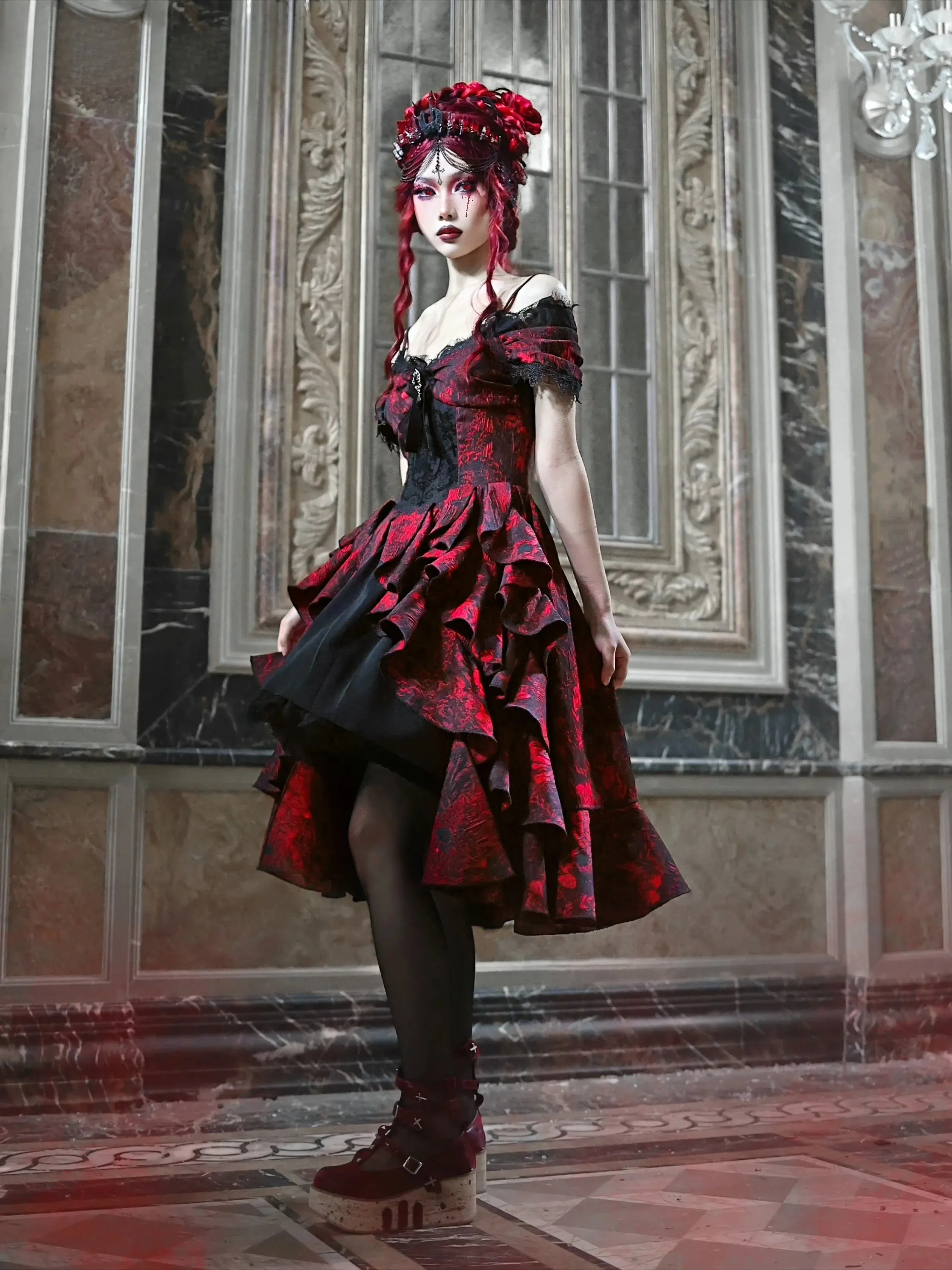 Japanese Autumn Gothic Party High-Waist Black Court Style Dark Halloween Lolita Red Wave Off-Shoulder Gown