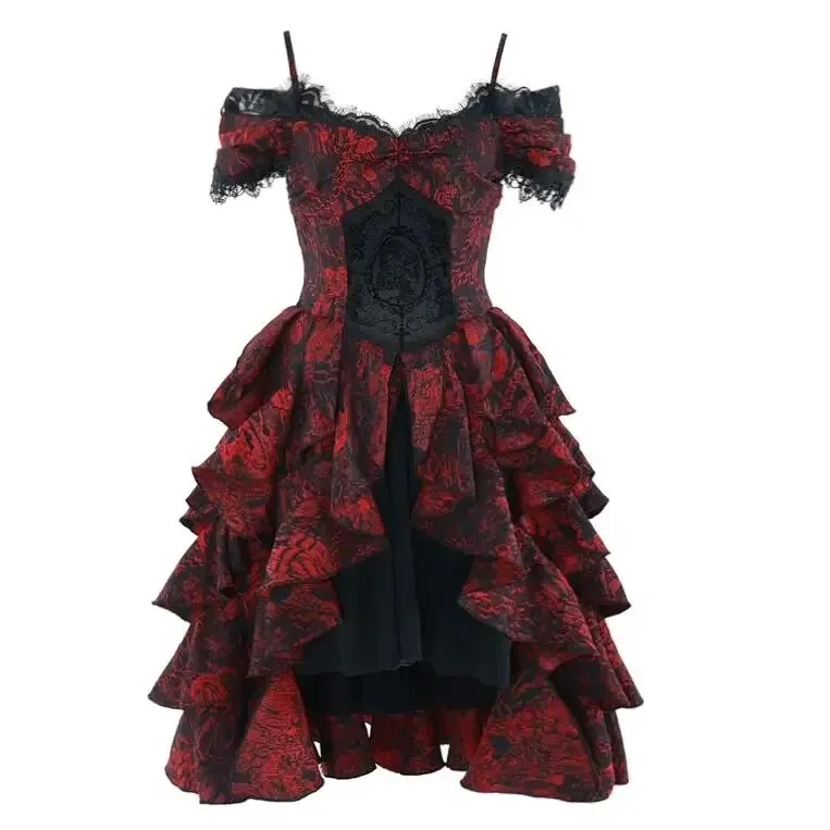 Japanese Autumn Gothic Party High-Waist Black Court Style Dark Halloween Lolita Red Wave Off-Shoulder Gown