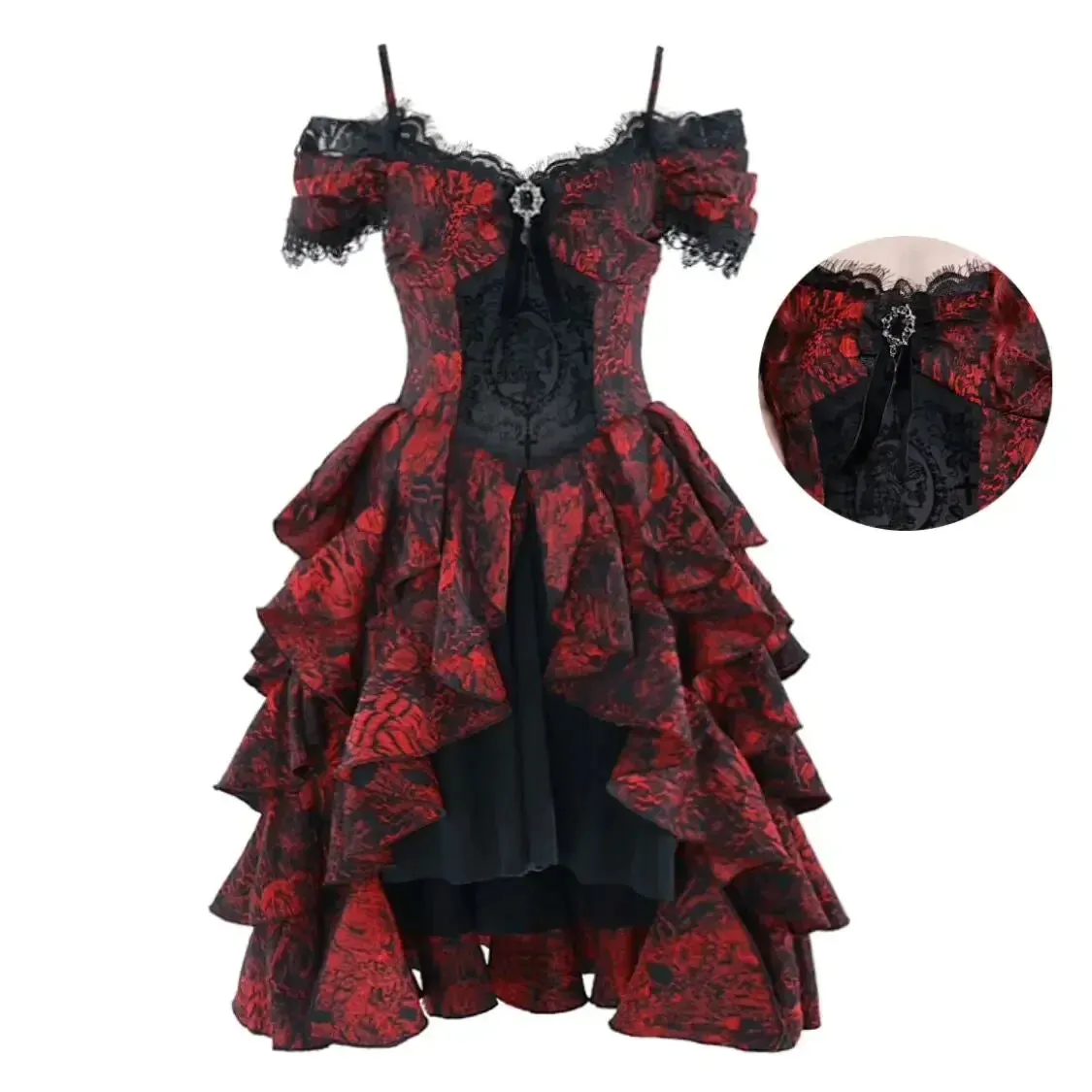 Japanese Autumn Gothic Party High-Waist Black Court Style Dark Halloween Lolita Red Wave Off-Shoulder Gown