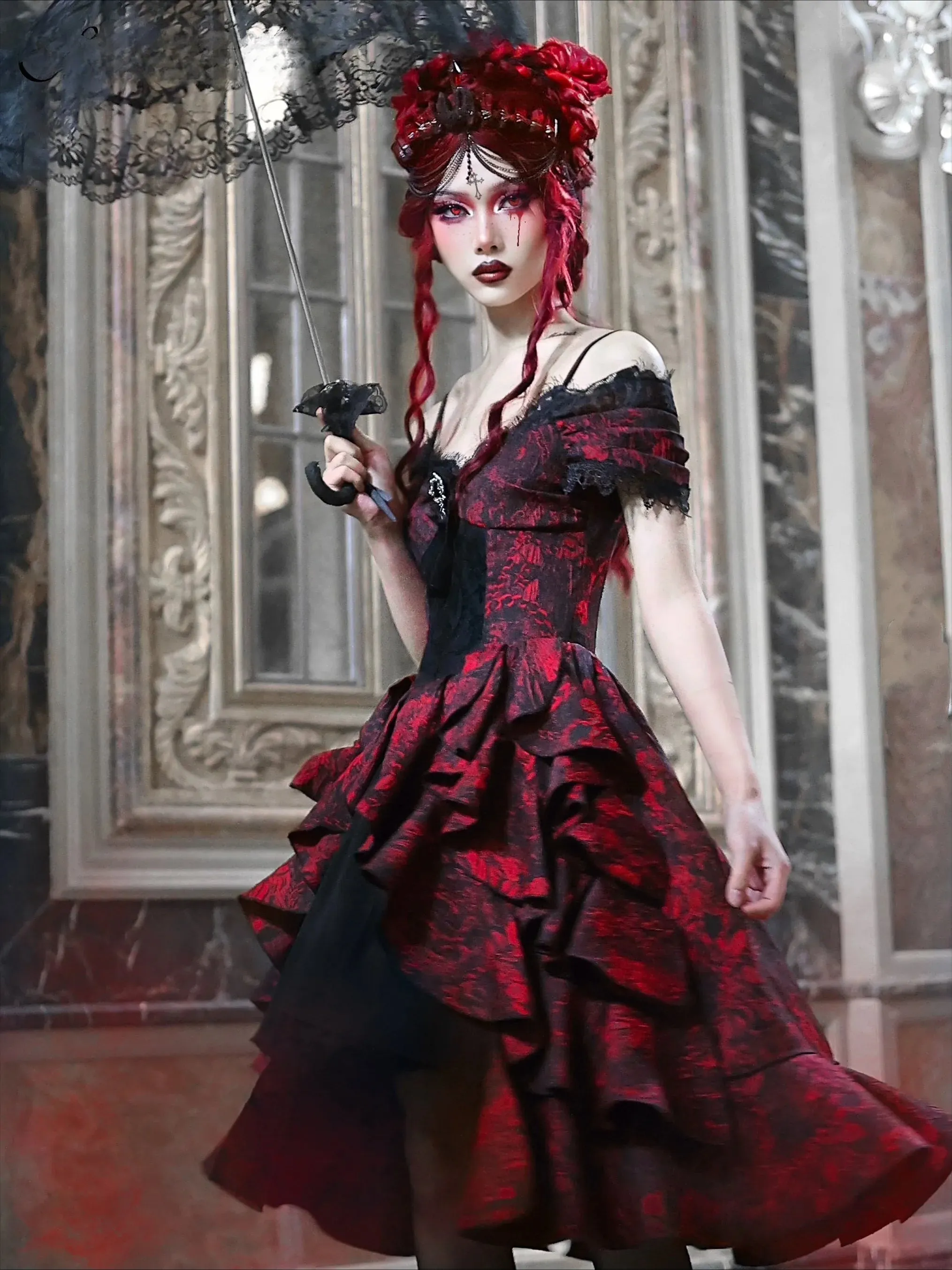 Japanese Autumn Gothic Party High-Waist Black Court Style Dark Halloween Lolita Red Wave Off-Shoulder Gown