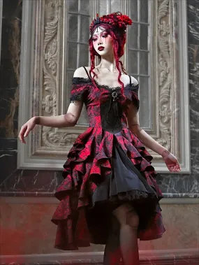 Japanese Autumn Gothic Party High-Waist Black Court Style Dark Halloween Lolita Red Wave Off-Shoulder Gown