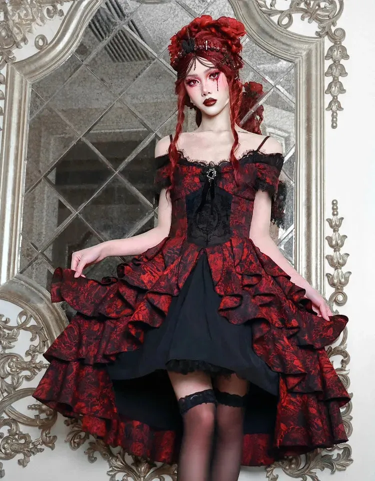 Japanese Autumn Gothic Party High-Waist Black Court Style Dark Halloween Lolita Red Wave Off-Shoulder Gown