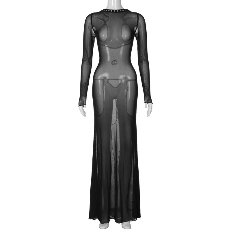 Joskaa avant garde dress to impress Fashionable New Autumn Women's Clothing Sexy Mesh Backless Lace-up Long Sleeve Super Long Dress Women