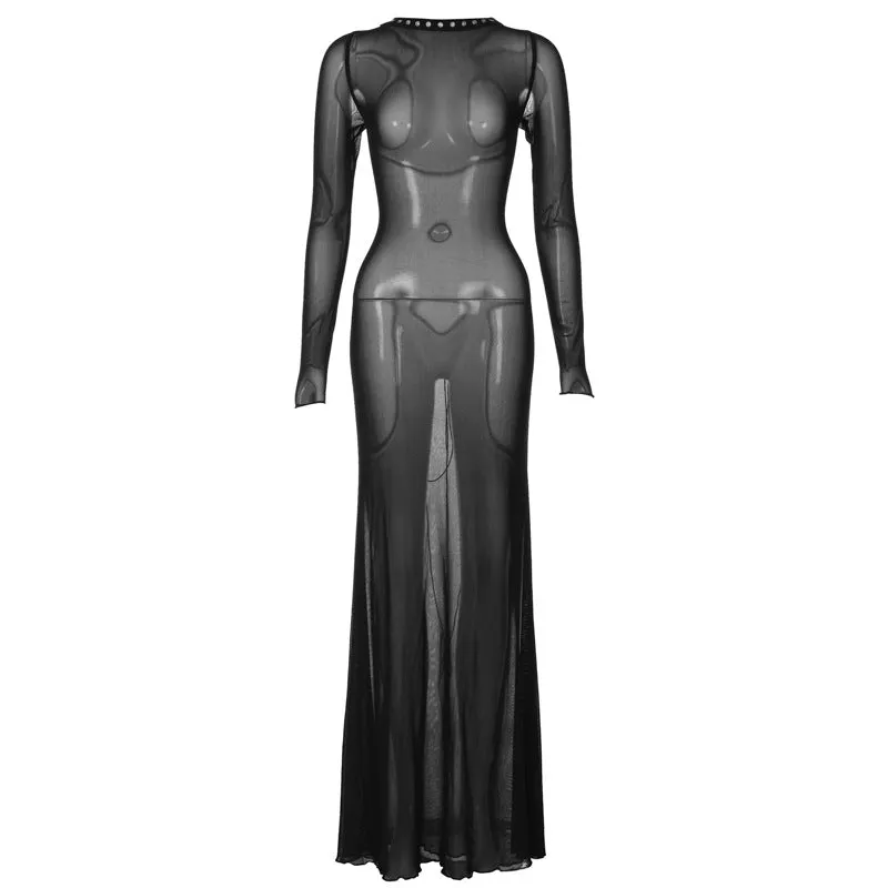 Joskaa avant garde dress to impress Fashionable New Autumn Women's Clothing Sexy Mesh Backless Lace-up Long Sleeve Super Long Dress Women