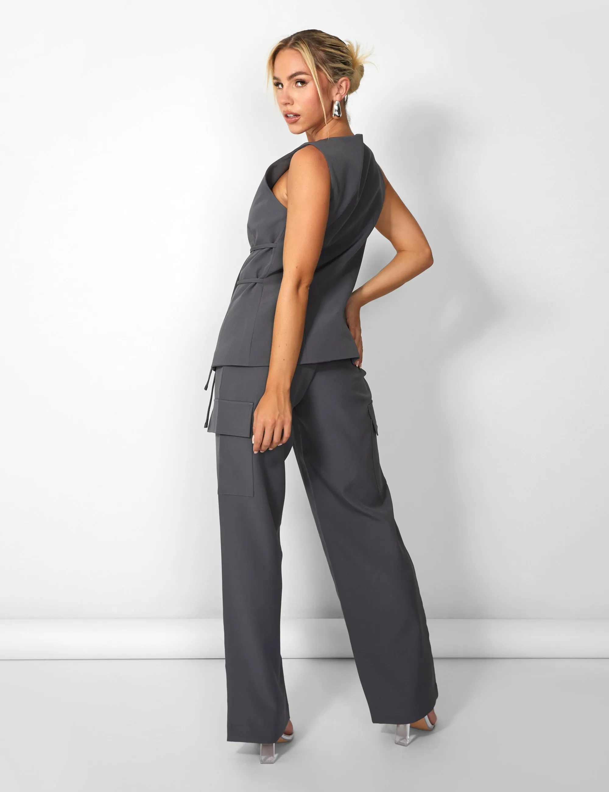 Kaiia Wide Leg Cargo Trousers in Charcoal Grey