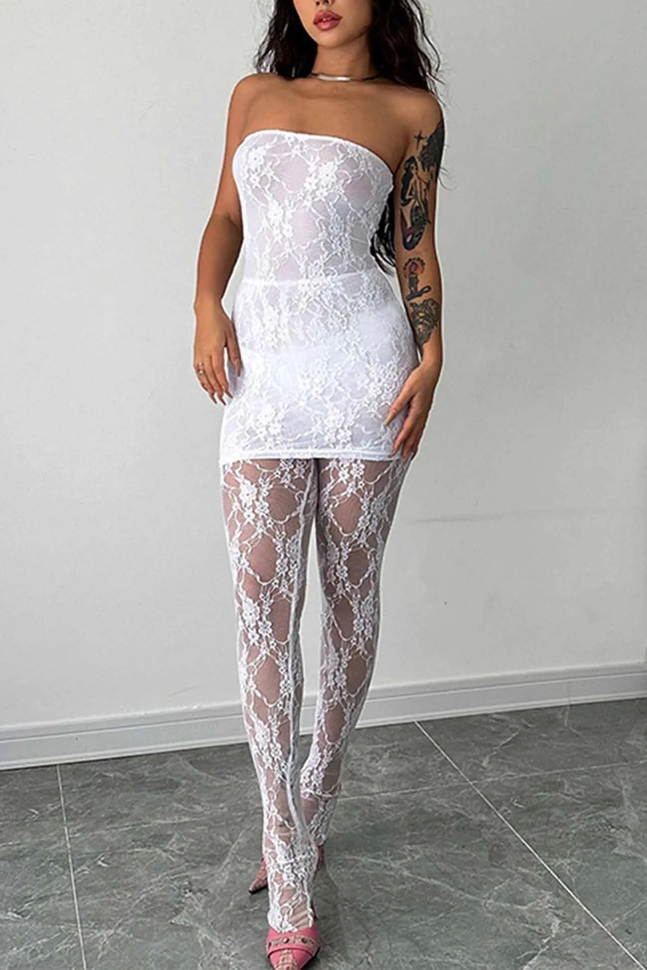 Lace Sleeveless Dress Leggings Two-piece Set