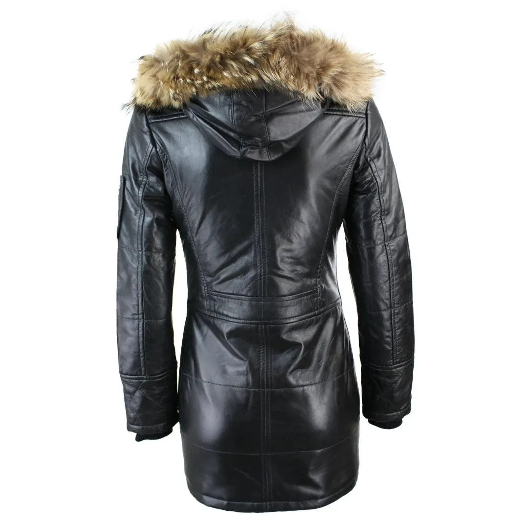 Ladies Black Real FUR HOODED Parka Real Leather Jacket Winter Coat