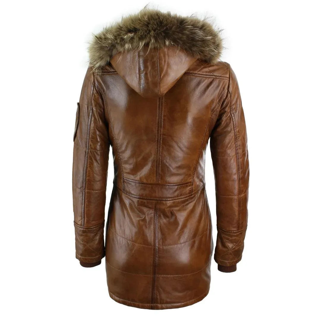 Ladies Black Real FUR HOODED Parka Real Leather Jacket Winter Coat