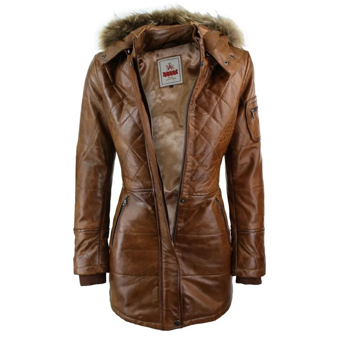 Ladies Black Real FUR HOODED Parka Real Leather Jacket Winter Coat