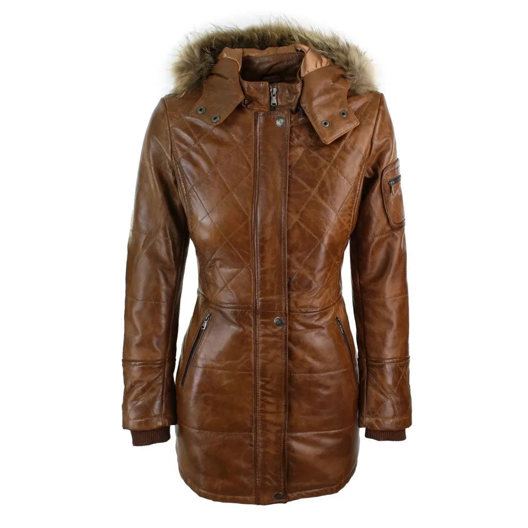 Ladies Black Real FUR HOODED Parka Real Leather Jacket Winter Coat