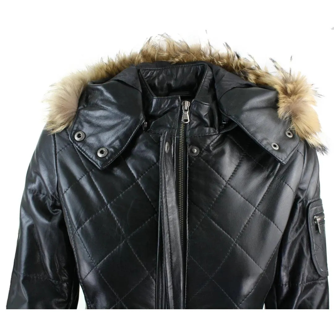 Ladies Black Real FUR HOODED Parka Real Leather Jacket Winter Coat