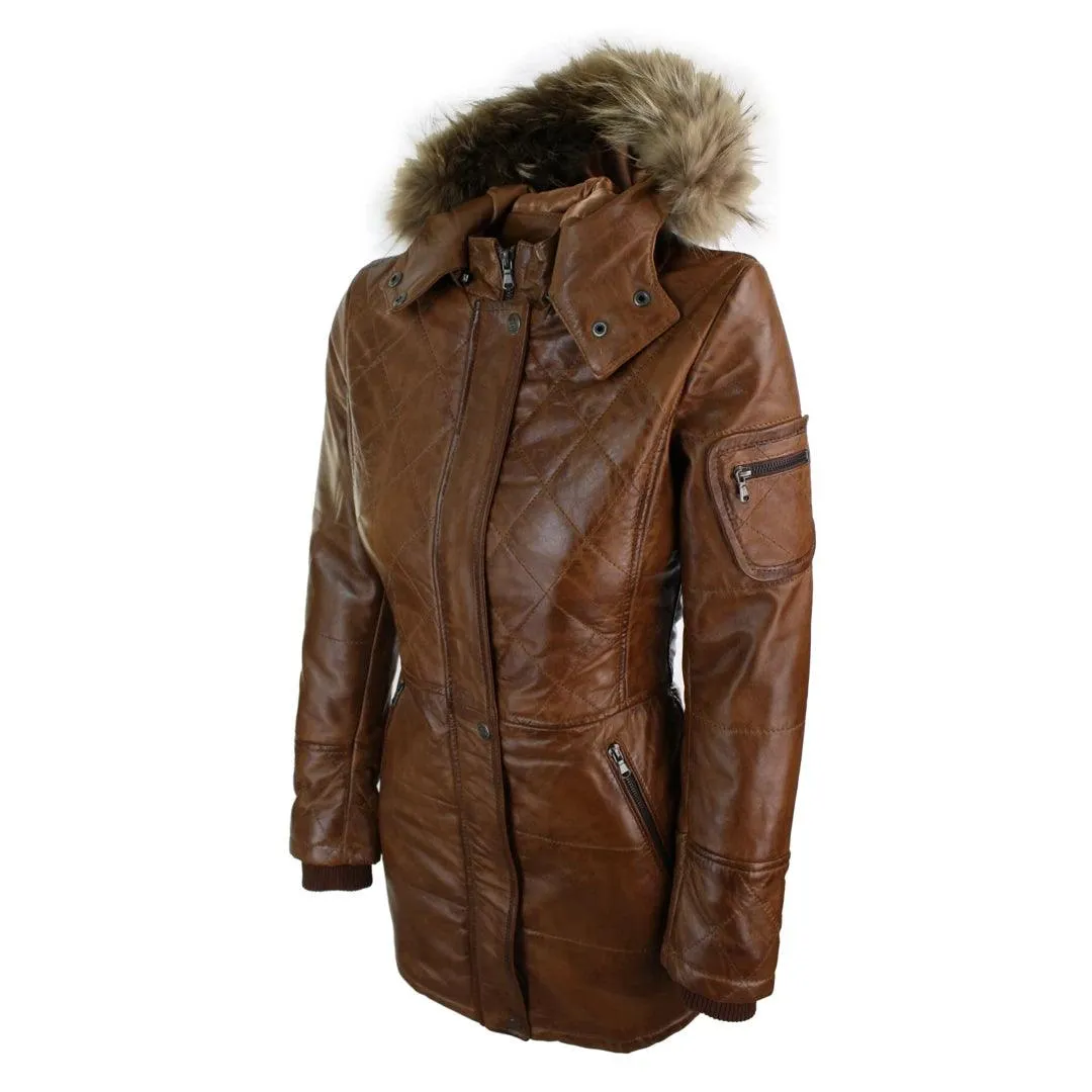 Ladies Black Real FUR HOODED Parka Real Leather Jacket Winter Coat