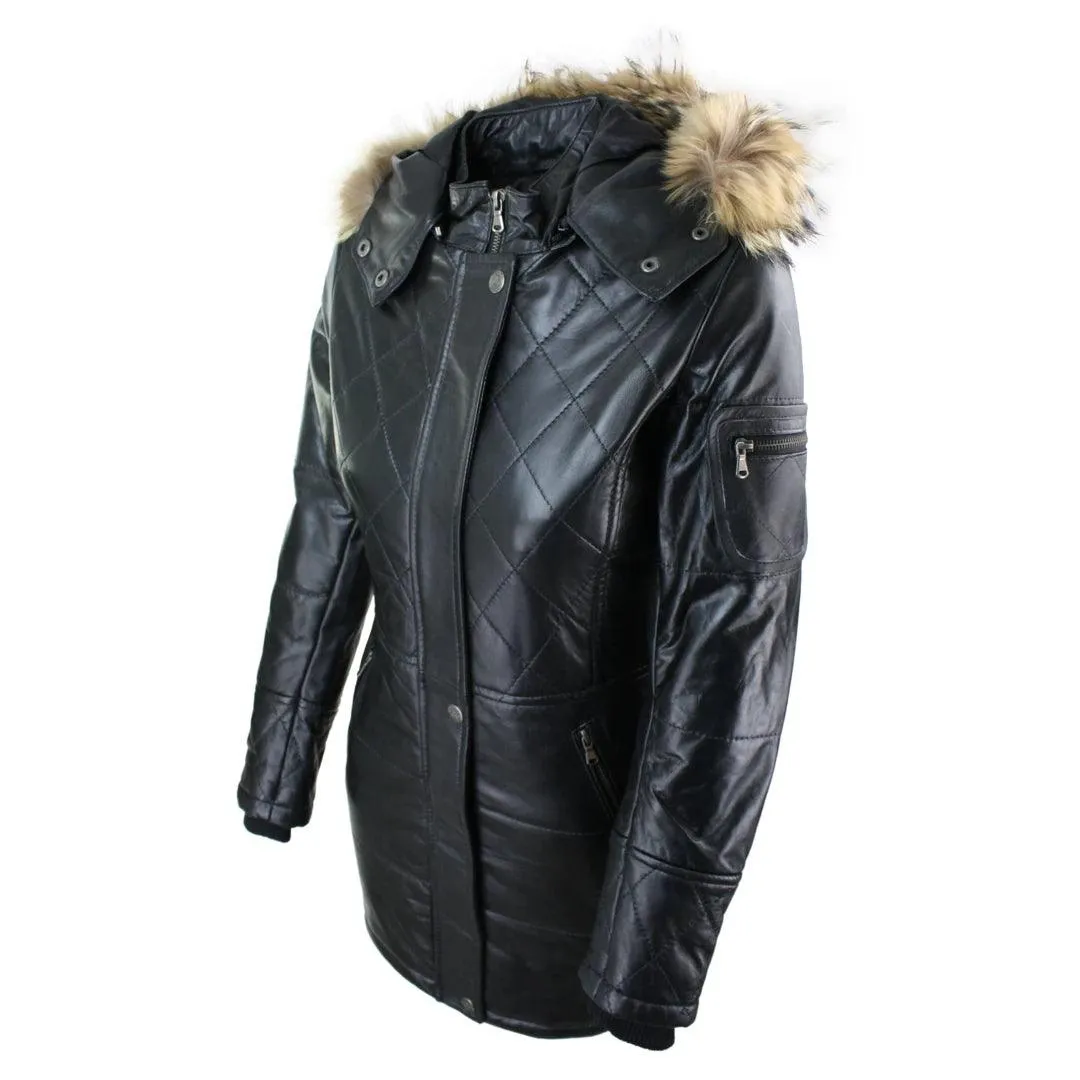 Ladies Black Real FUR HOODED Parka Real Leather Jacket Winter Coat